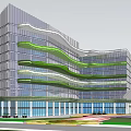 Modern Multi Storey Hotel Building With Glass Facade And Green Wavy Structures 3d model