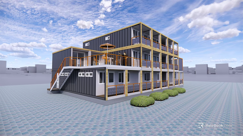 Modern Container Based Multi Storey Commercial Complex With Balconies Staircase And Outdoor Greenery 3d model