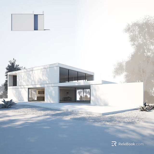 Modern Villa Balcony Design With White Exterior Large Windows And Surrounding Trees 3d model 