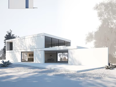 Modern Villa Balcony Design With White Exterior Large Windows And Surrounding Trees 3d model