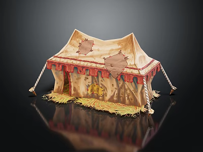 Vintage Torn Tent With Red Trim And Straw At The Bottom 3d model