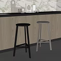 Modern Kitchen Bar Stools in Black and Silver with Wooden Cabinets and Marble Countertop