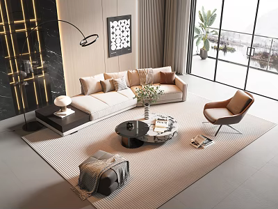 Modern Beige L Shaped Sofa Coffee Table Set with Throw Pillows Striped Rug and Accent Chair 3d model