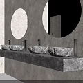 Washbasin Design With Concrete Wall Round Mirrors Stone Countertop And Three Stone Basins