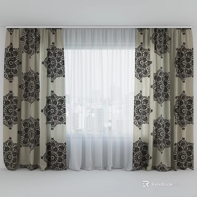 Elegant Curtains With Black Floral Patterns And White Sheer Panels For Home Decor 3d model 