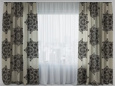 Elegant Curtains With Black Floral Patterns And White Sheer Panels For Home Decor 3d model