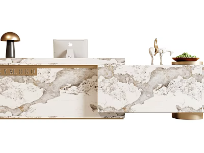 Elegant Reception Desk With Marble Texture Gold Lamp Computer Deer Figurine And Green Plants 3d model