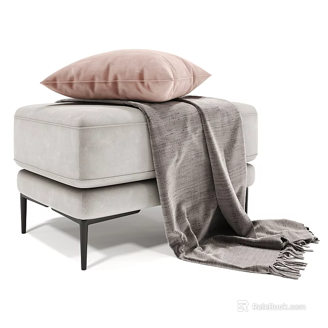 Modern Upholstered Stool With Pink Cushion And Gray Blanket On Black Metal Legs 3d model 