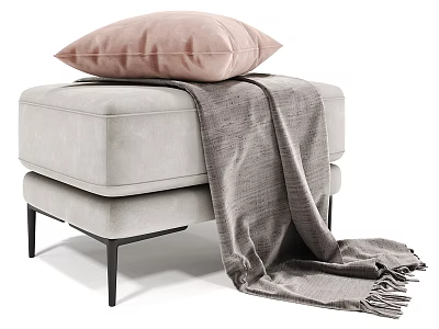 Modern Upholstered Stool With Pink Cushion And Gray Blanket On Black Metal Legs 3d model