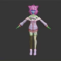 Anime Character With Pink Hair Cat Ears Wearing Blue White Hoodie Skirt Knee High Socks