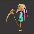 3D Fantasy Character Design With Pink Wings Cyan Robe Skull Mask And Golden Staff