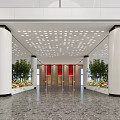 School Lobby Interior Design With Columns Ceiling Lights And Plants 3d model