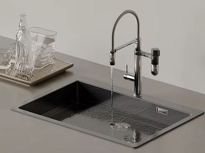 Modern Kitchen Faucet With Running Water Over Black Stainless Steel Sink And Glassware Tray 3d model