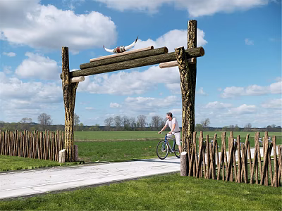 Rustic Wooden Entrance Gate with Log Arch Cyclist Riding Through Countryside Field Under Blue Sky 3d model