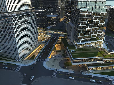 Modern Urban Office Buildings Complex With Green Roofs Streets Vehicles And Pedestrians 3d model
