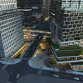 Modern Urban Office Buildings Complex With Green Roofs Streets Vehicles And Pedestrians