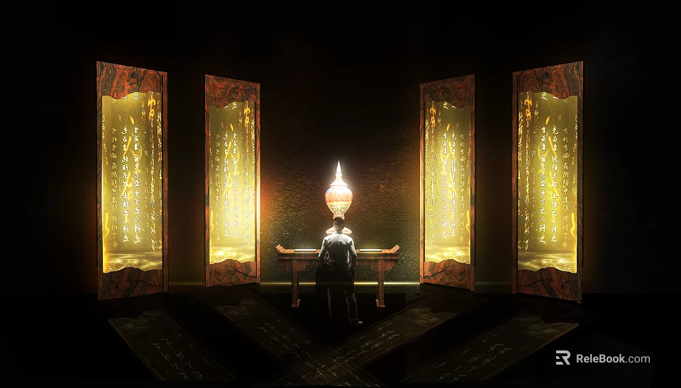 Illuminated Art Installation With Vertical Panels Characters And Person At Table 3d model 