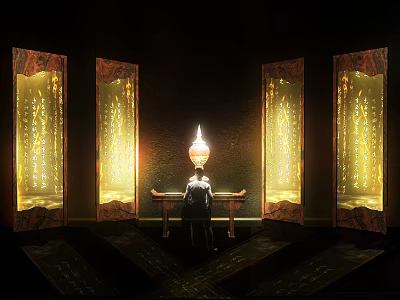 Illuminated Art Installation With Vertical Panels Characters And Person At Table 3d model