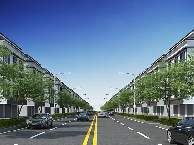 Urban Road Infrastructure With Wide Lanes Yellow Dividing Lines Street Lamps Trees And Buildings 3d model