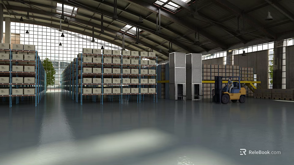 Large Warehouse Interior Featuring Metal Shelves Stacked Boxes Forklift High Ceiling And Natural Light 3d model 