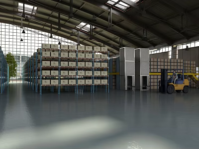 Large Warehouse Interior Featuring Metal Shelves Stacked Boxes Forklift High Ceiling And Natural Light 3d model