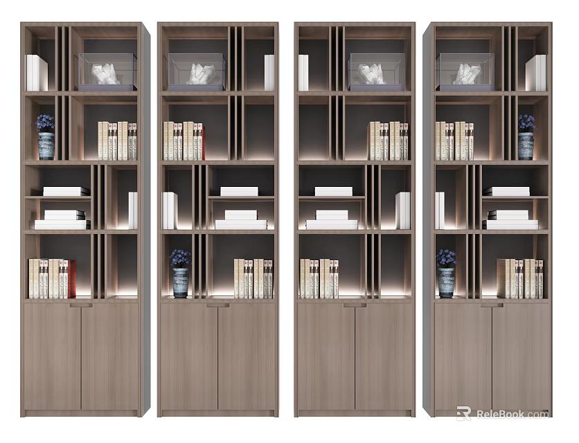 Modern Wooden Bookcase With Open Shelves Storage Cabinets And Decorative Items 3d model 