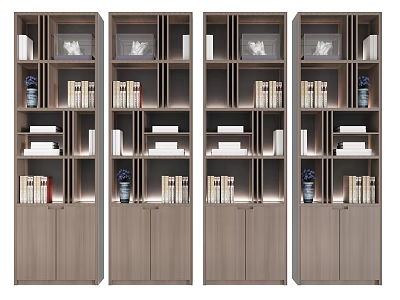 Modern Wooden Bookcase With Open Shelves Storage Cabinets And Decorative Items 3d model
