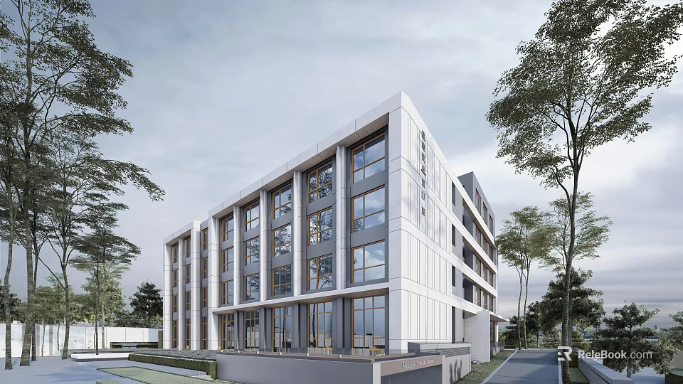 Modern Multi Storey Hotel Building Exterior With Large Windows And Trees 3d model