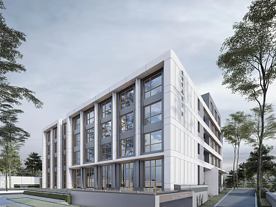 Modern Multi Storey Hotel Building Exterior With Large Windows And Trees 3d model