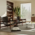 Modern Living Room Interior With Black Sofa Wooden Chairs Marble Coffee Table And Large Potted Plant