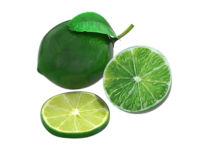Fresh Whole Lime With Green Leaf And Two Sliced Halves Showing Bright Green Flesh 3d model
