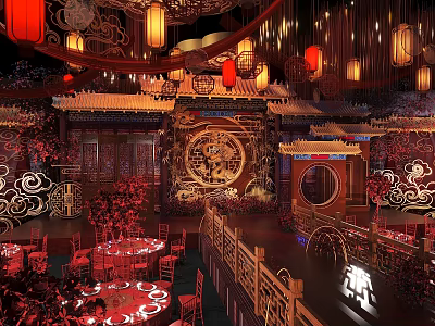 Traditional Chinese Banquet Hall Elegant Interior With Red Lanterns Carved Decor And Round Tables 3d model