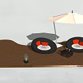 Outdoor Sofas With Red Cushions On Wooden Deck Under Beige Umbrella 3d model
