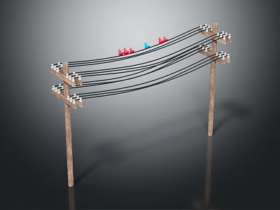 Wooden Electric Poles With Black Wires And Red Blue Birds Standing On 3d model
