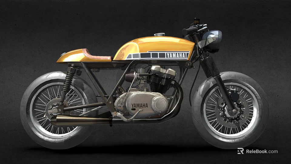 Vintage Yamaha Motorcycle Classic Custom Design With Yellow Black Body And Brown Leather Seat 3d model 