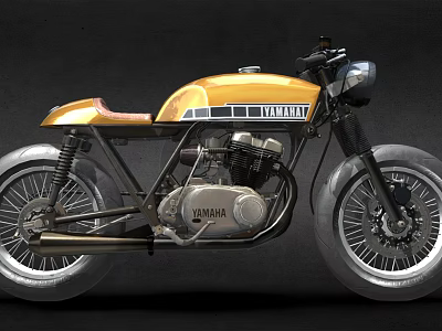 Vintage Yamaha Motorcycle Classic Custom Design With Yellow Black Body And Brown Leather Seat 3d model