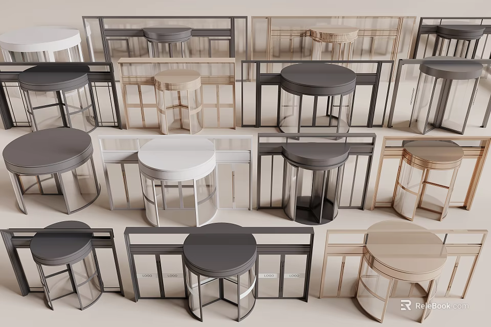 Modern Revolving Doors Featuring Different Designs Metal Frames And Various Colors 3d model