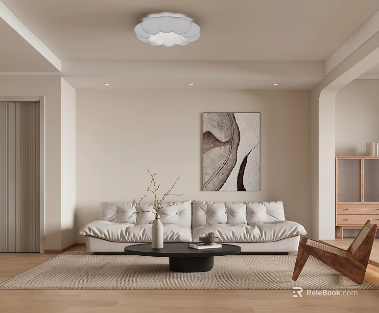 Modern Living Room Interior With White Sofa Black Coffee Table Decorative Painting And Area Rug 3d model 