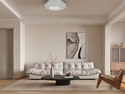 Modern Living Room Interior With White Sofa Black Coffee Table Decorative Painting And Area Rug 3d model