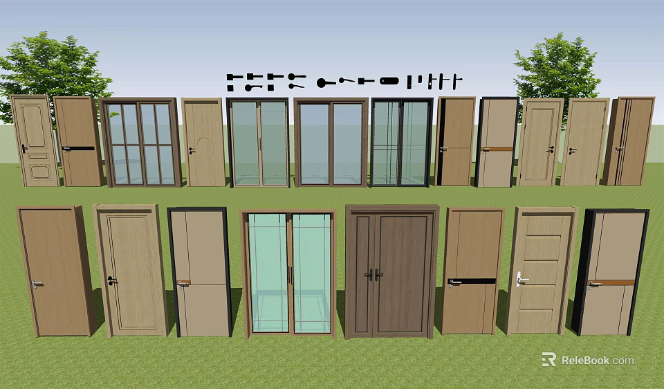 Various Hinged Doors With Wooden And Glass Panel Designs In Brown Beige Colors 3d model 