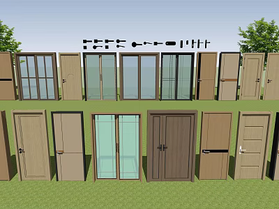 Various Hinged Doors With Wooden And Glass Panel Designs In Brown Beige Colors 3d model