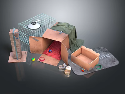 Cardboard Boxes Pet Play Setup With Cage Green Cloth Colorful Balls And Tower 3d model