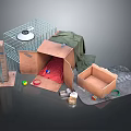 Cardboard Boxes Pet Play Setup With Cage Green Cloth Colorful Balls And Tower
