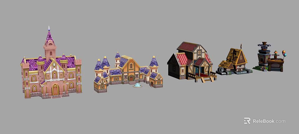 Cartoon Scenes Featuring Colorful Styled Buildings with Purple Red Roofs and Carriage 3d model 