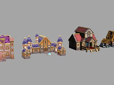 Cartoon Scenes Featuring Colorful Styled Buildings with Purple Red Roofs and Carriage 3d model