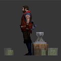 Fantasy Warrior Character With Red Tunic Brown Pants And Double Axes On Wooden Platform Grass