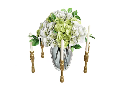 White And Green Hydrangea Flowers In Glass Vase With Gold Candle Holders 3d model