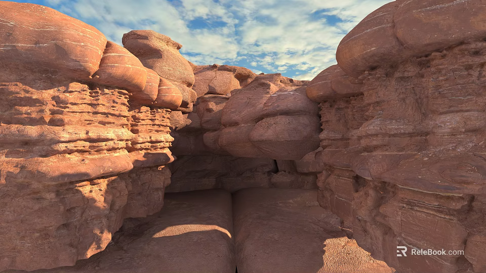 Scenic Red Rock Landscape With Layered Eroded Formations And Blue Cloudy Sky 3d model 