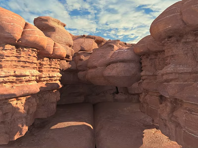 Scenic Red Rock Landscape With Layered Eroded Formations And Blue Cloudy Sky 3d model