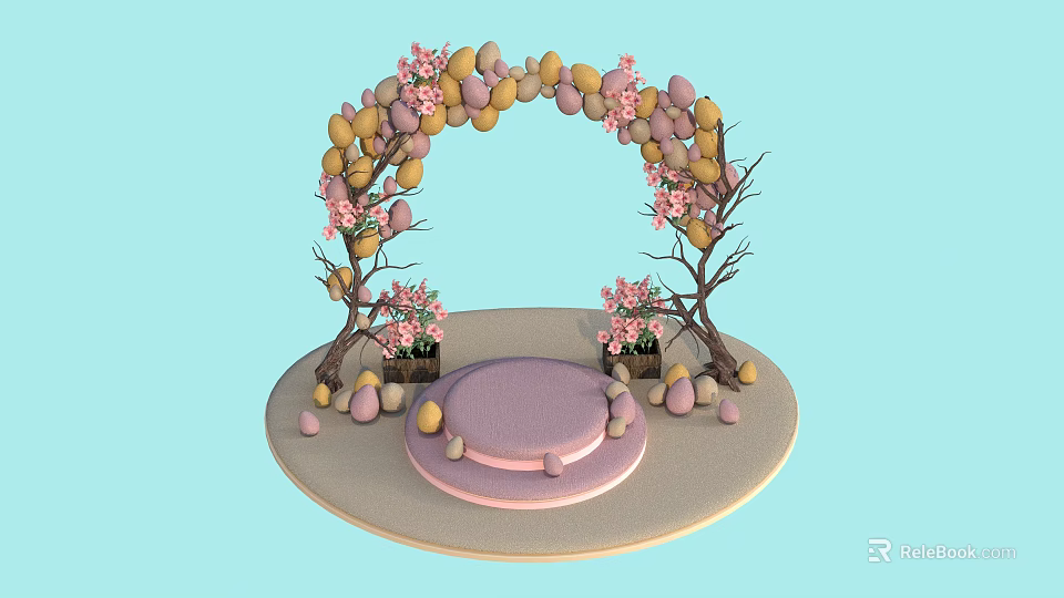 Decorative Spring Arch With Colorful Eggs Pink Flowers And Round Platform 3d model 